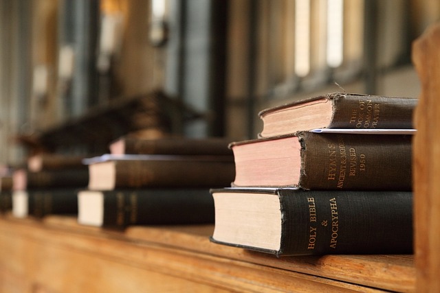 several stacks of bibles on a church pew