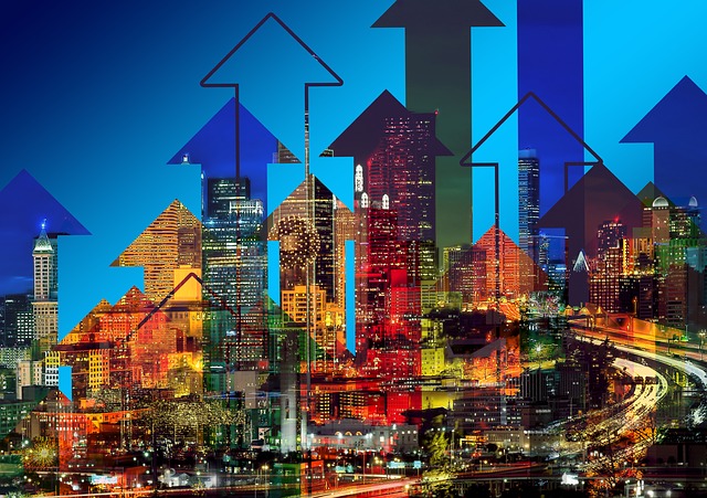 picture of a city skyline with arrows going up superimposed over it
