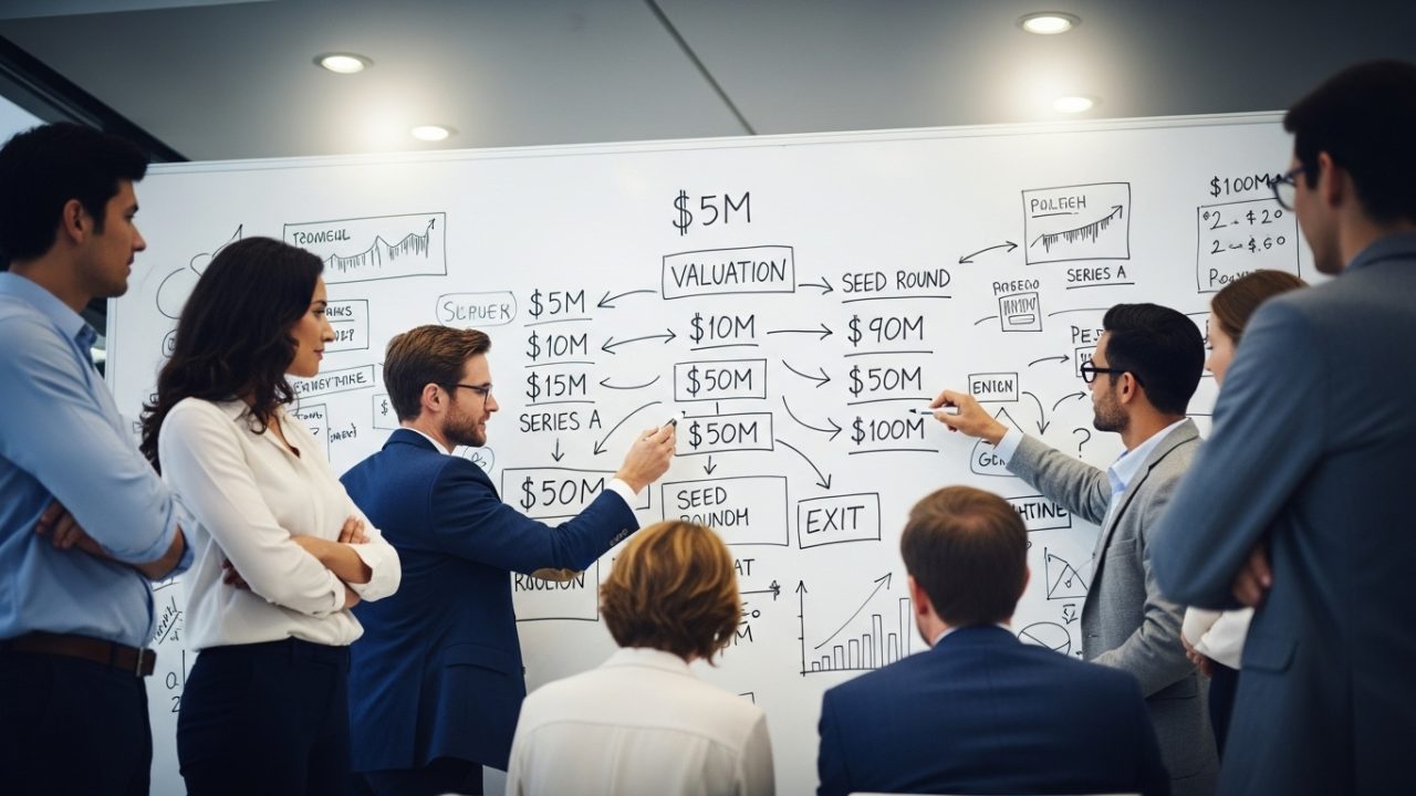 business persons in front of a whiteboard with various valuation queries