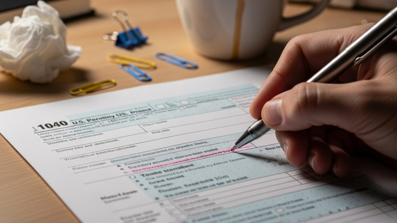 hand crossing out incorrect tax information with a red pen