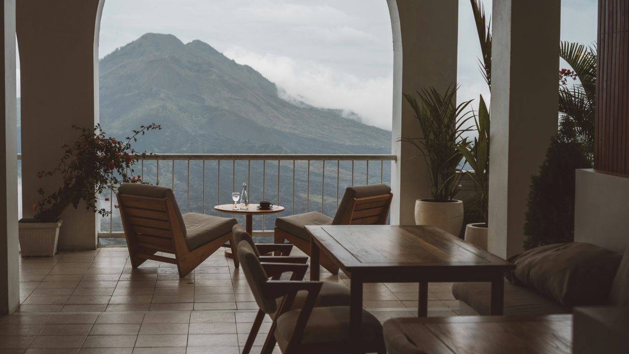 scenic interior view of a home facing a mountainside