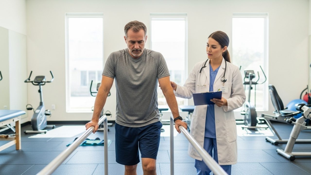 man working on his physical therapy between two rails as a medical physician consults