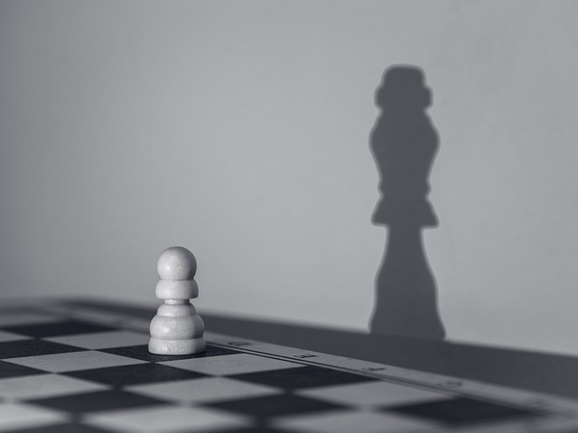 pawn on a board whose shadow is a queen