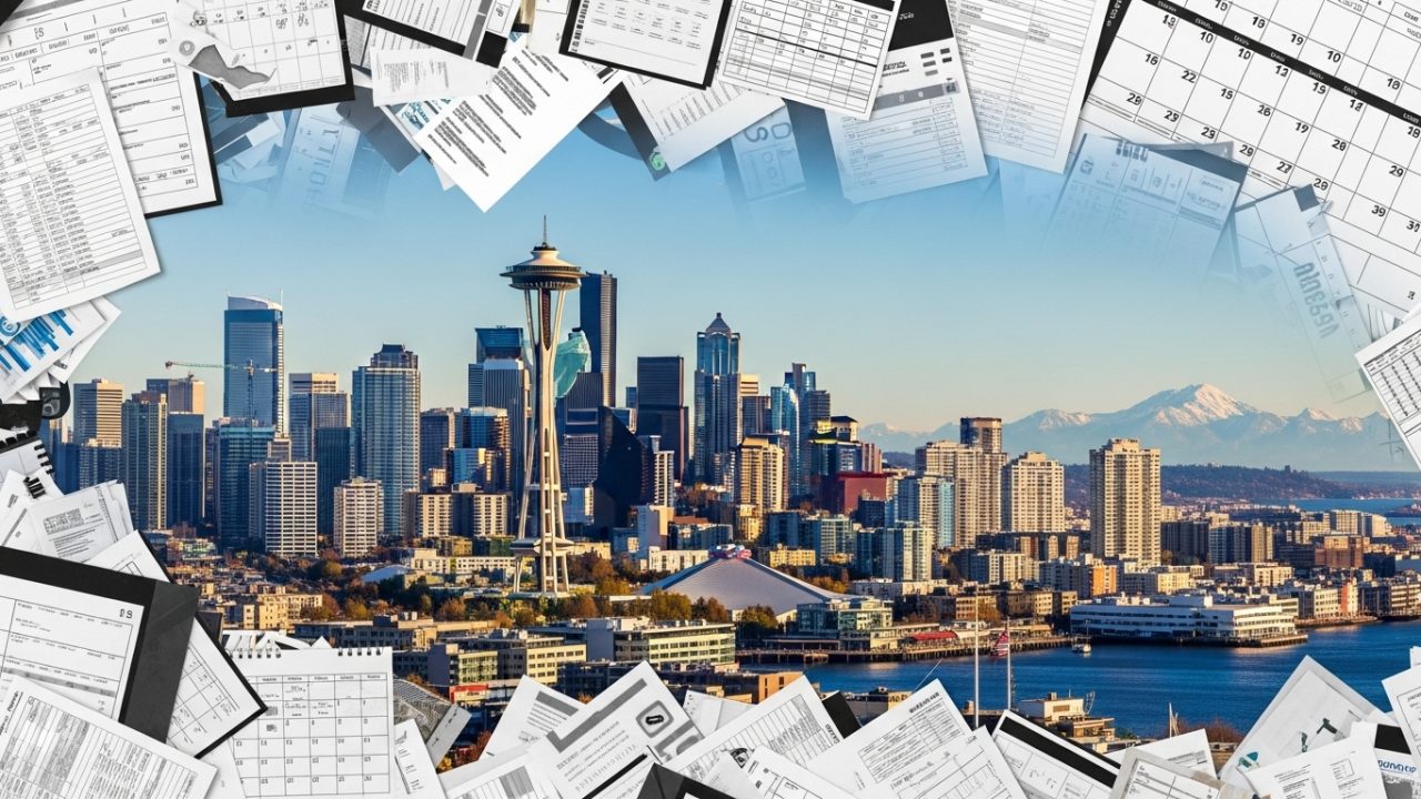 landscape of seattle with calendars, files, and tax forms