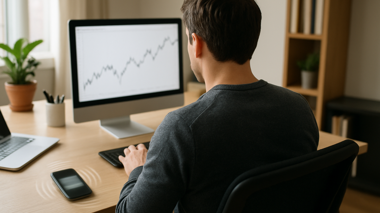 entrepreneur from behind working on computer while phone buzzes incessantly