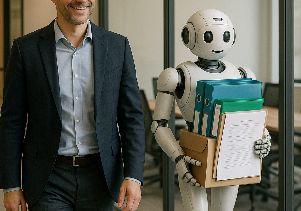 graying entrepreneur walking past conference room with a robot assistant