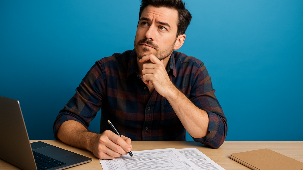 entrepreneur thinking contemplatively while working on form 8825