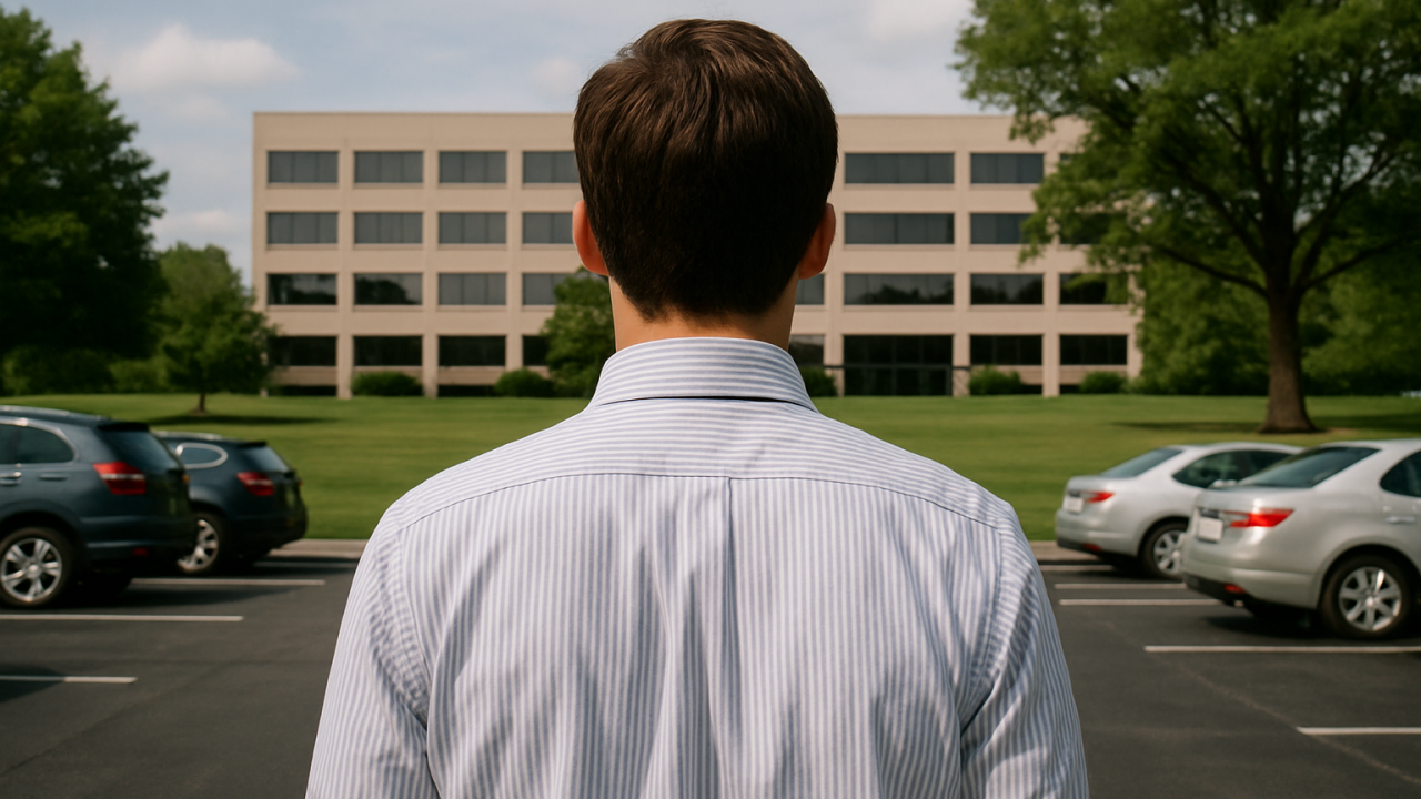 entrepreneur from behind in a parking lot staring ahead at office building