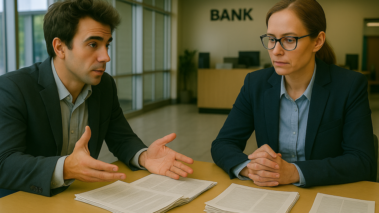 loan officer calmly listening to entrepreneur explain his case