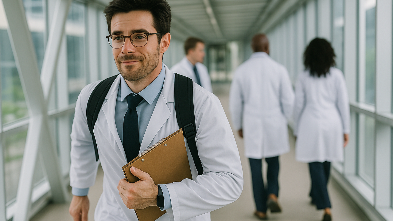 Closeup of a doctor hustling to next hospital crossing a skybridge