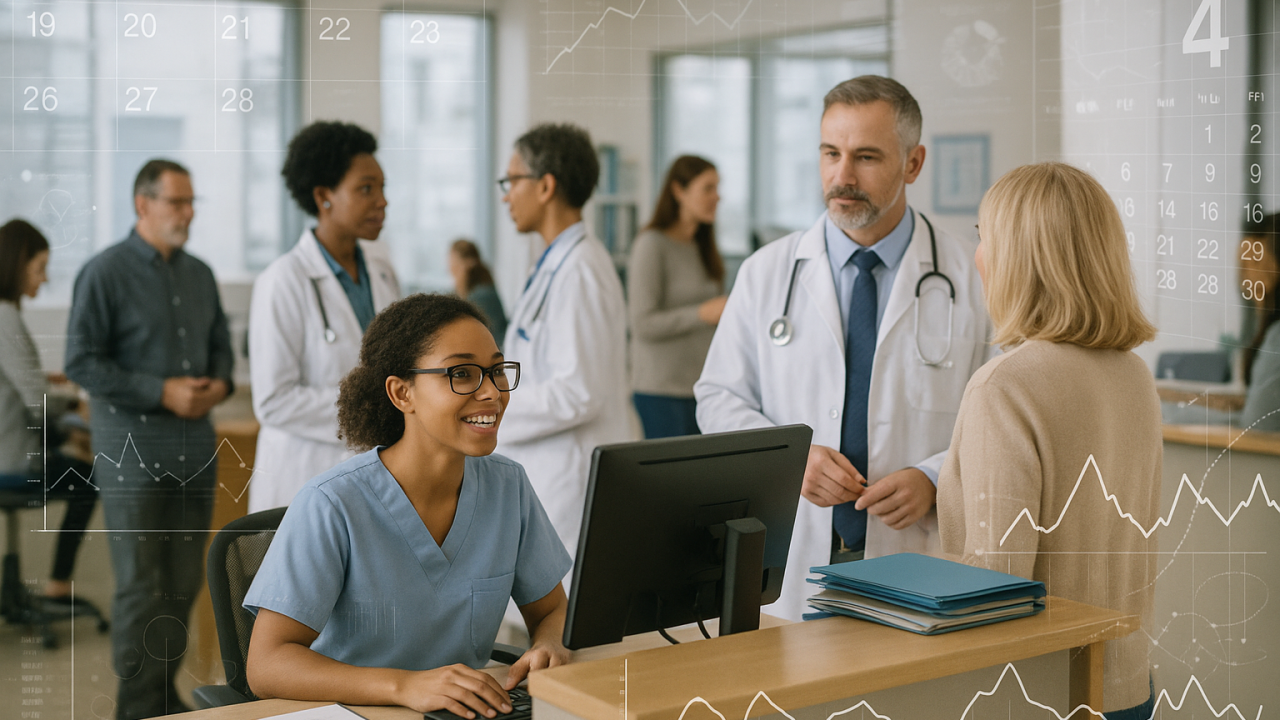 a bustling medical practice reception office