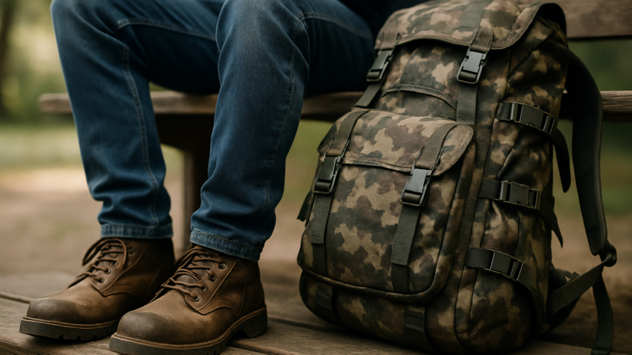 veteran sitting on a bench, boots on and camo backpack beside them