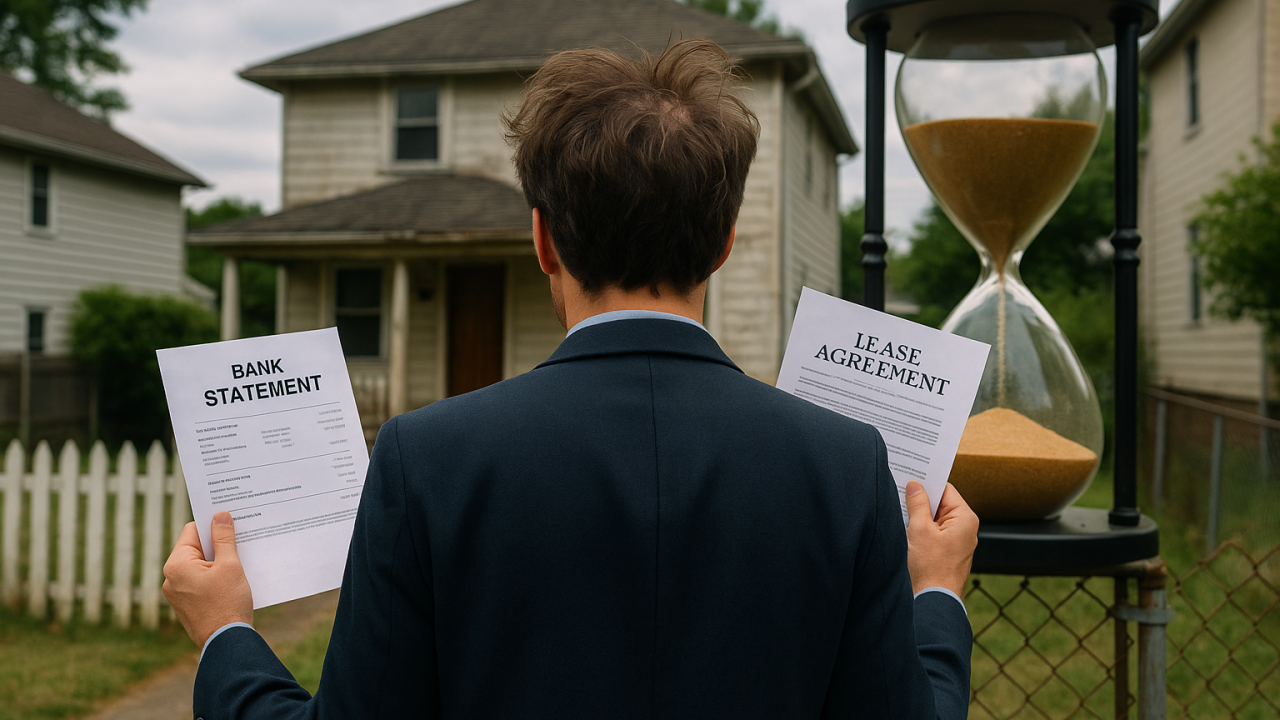 middle-aged business owner debating between a bank statement and lease agreement