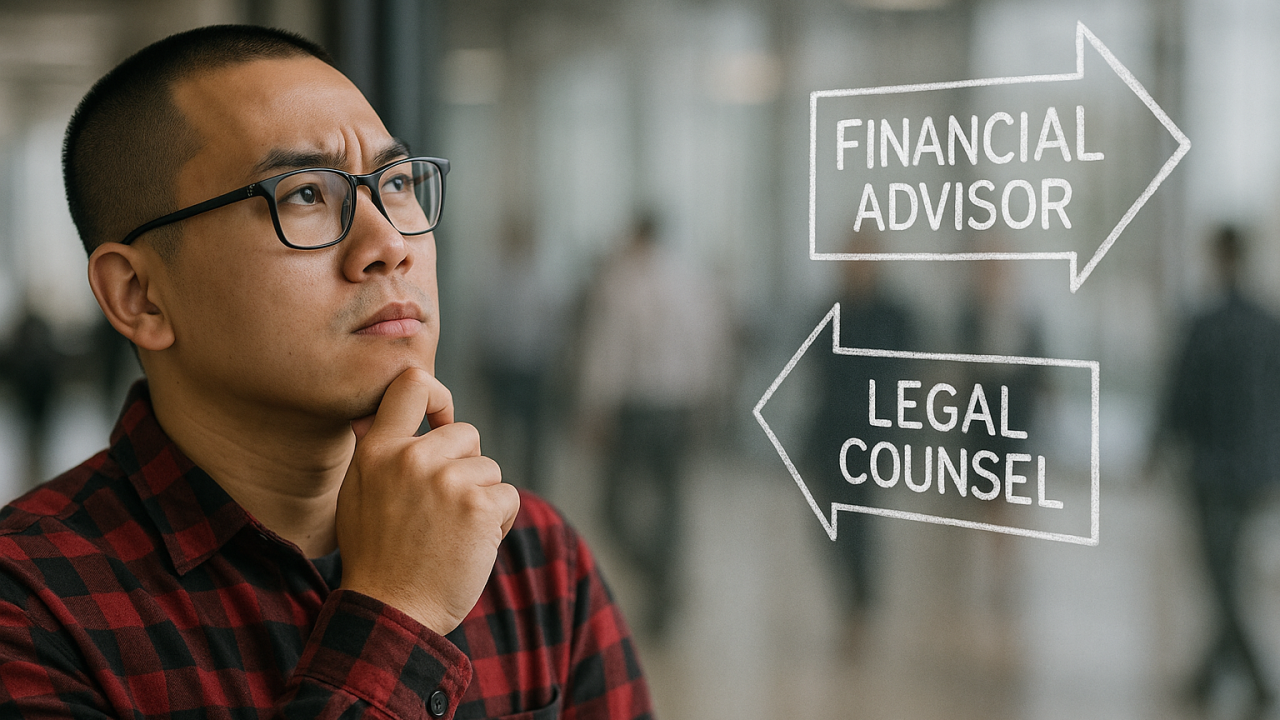 thoughtful young man staring at glass pane that reads financial advisor or legal counsel